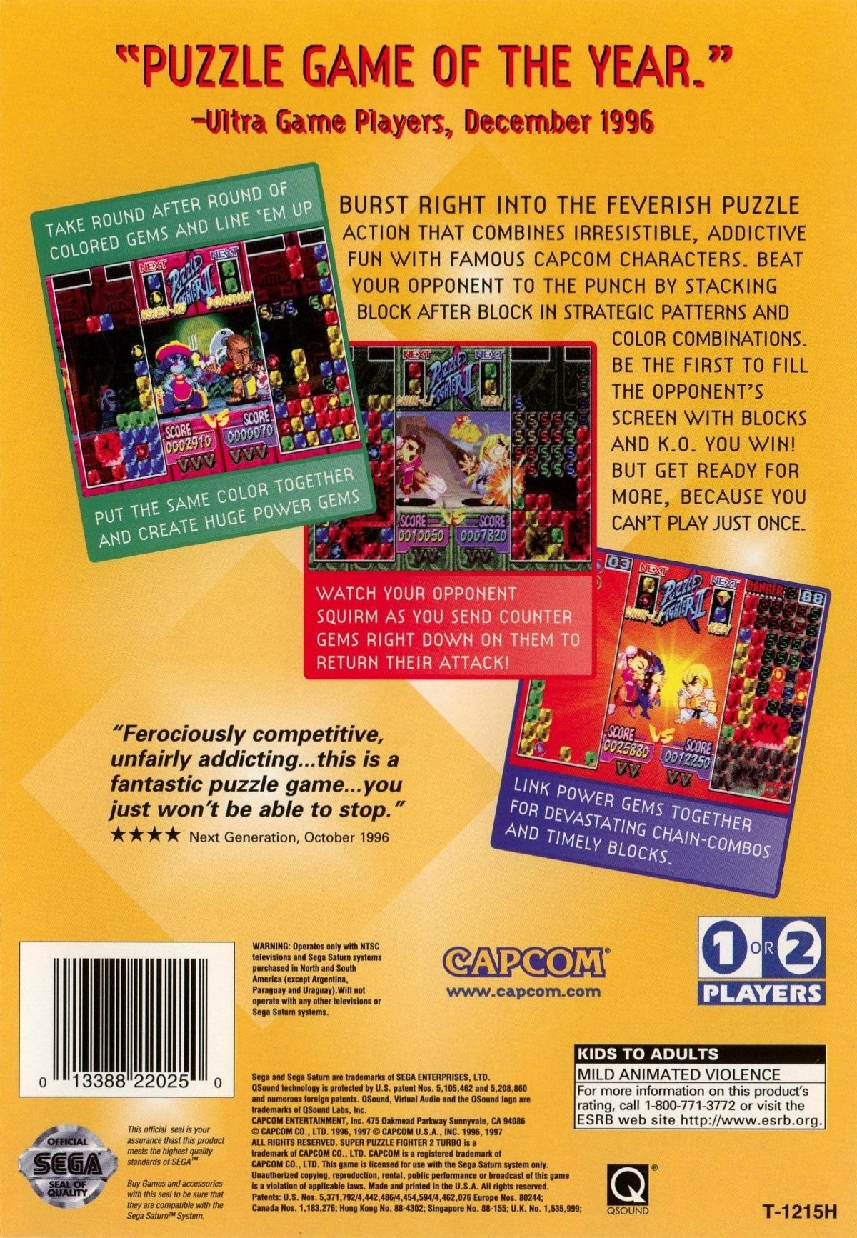 Super Puzzle Fighter II Turbo PS1 and Sega Saturn Capcom puzzle fighting game gem matching mechanics Street Fighter Darkstalkers chibi characters competitive versus gameplay chain combos retro gaming software video game title back cover art