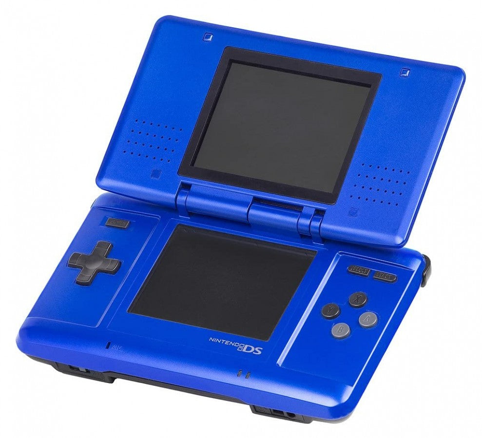 Nintendo DS Electric Blue handheld console featuring dual screen gaming technology touchscreen controls Game Boy Advance compatibility wireless multiplayer support portable Nintendo entertainment and collectible gaming appeal open off 