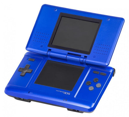 Nintendo DS Electric Blue handheld console featuring dual screen gaming technology touchscreen controls Game Boy Advance compatibility wireless multiplayer support portable Nintendo entertainment and collectible gaming appeal open off 