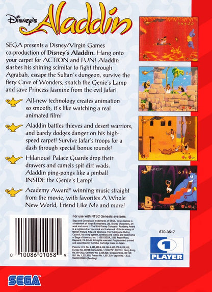 Disney's Aladdin back cover art for Sega Genesis (GEN) video game