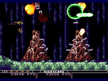 Bio-Hazard Battle game for the Sega Genesis featuring side scrolling shoot em up gameplay with organic themed environments weapon upgrades cooperative multiplayer and fast paced action as players pilot biomechanical ships through alien worlds gameplay 