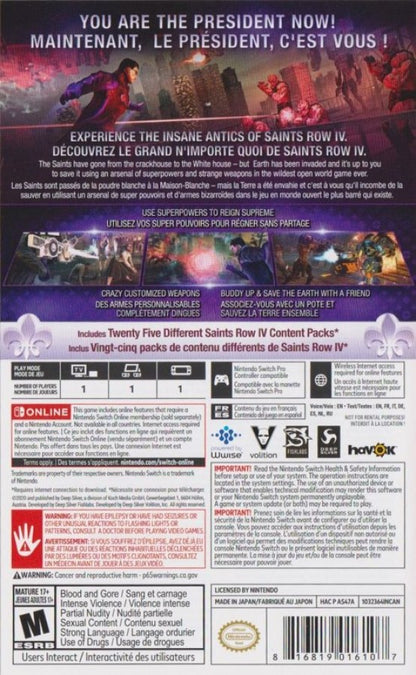 Saints Row IV ReElected Nintendo Switch inspired design featuring over the top open world action adventure aesthetic superhero style abilities chaotic sandbox gameplay alien invasion storyline comedic tone explosive combat and parody driven narrative presentation back cover