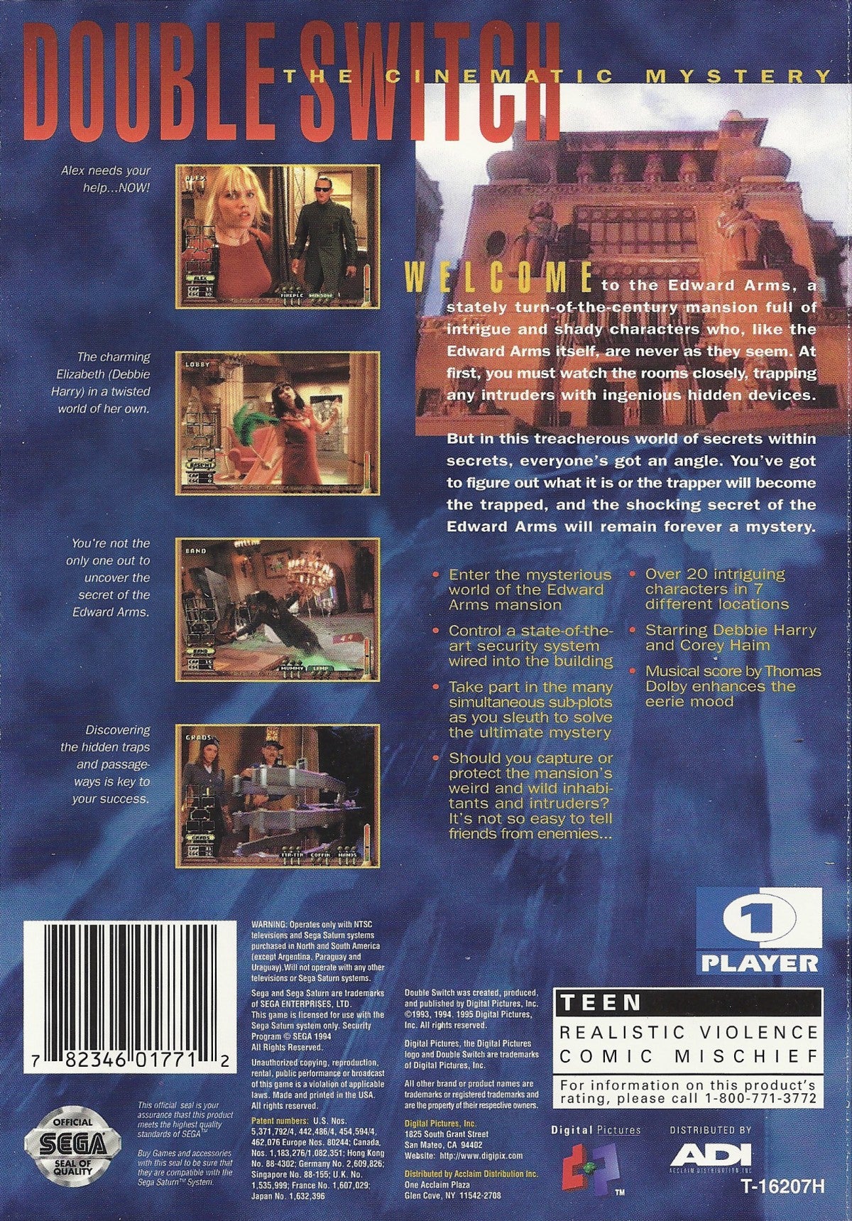 Double Switch Sega Saturn full motion video FMV interactive movie puzzle game surveillance camera switching traps gameplay starring Corey Haim suspense thriller mansion setting live action footage branching story retro gaming Sega Saturn software video game title back cover art 