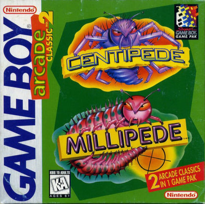 Arcade Classic 2 Centipede and Millipede for Game Boy, cover image for an arcade shooter compilation video game with fast-paced insect blasting gameplay, score-based challenges, and retro action
