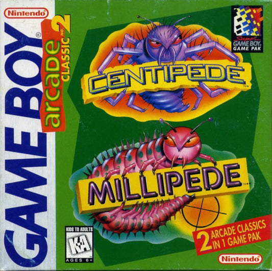 Arcade Classic 2 Centipede and Millipede for Game Boy, cover image for an arcade shooter compilation video game with fast-paced insect blasting gameplay, score-based challenges, and retro action