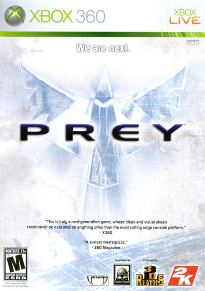 Prey for Xbox 360 first person shooter video game featuring a sci-fi horror storyline gravity-defying gameplay alien environments and fast paced action based on the cult classic franchise cover art 