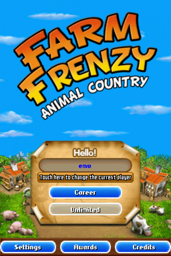 Farm Frenzy: Animal Country start screen for Nintendo DS (DS) farming time management simulation video game