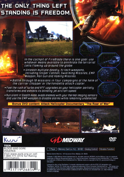 Fire Blade PS2 PlayStation 2 helicopter combat action game aerial shooter military missions arcade flight combat retro video game back of case