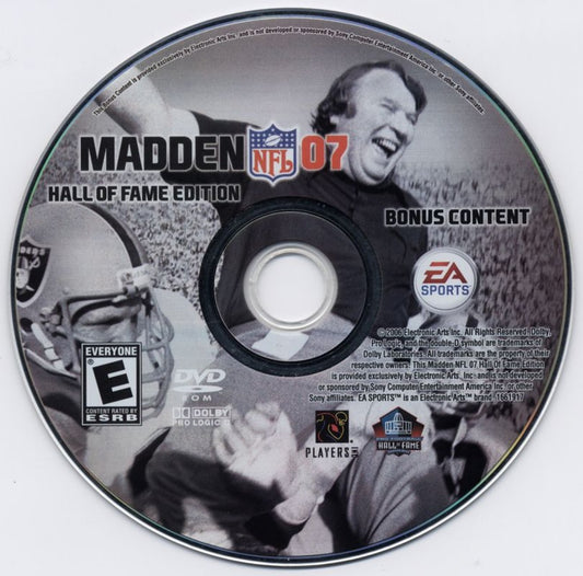 Madden NFL 2007 Hall of Fame Edition for PlayStation 2 football sports video game featuring enhanced presentation classic legends content refined gameplay mechanics franchise modes and the definitive EA Sports NFL experience of its era disc