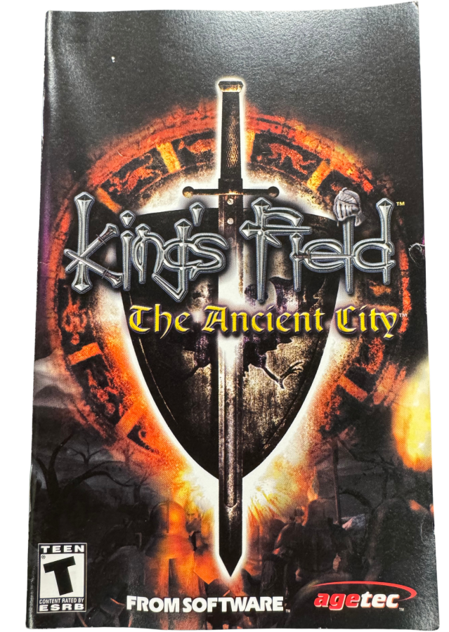 King's Field The Ancient City PlayStation 2 PS2 first-person role playing video game featuring dark fantasy dungeon exploration sword combat magic spells challenging monsters treasure hunting character development mysterious environments and classic PlayStation 2 PS2 gameplay collectible retro gaming appeal manual front