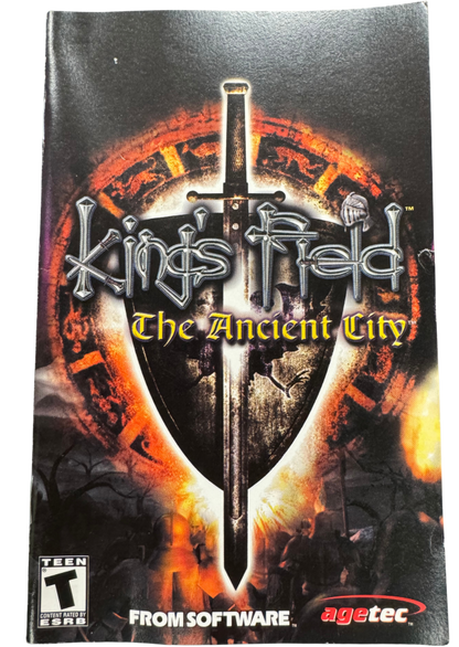 King's Field The Ancient City PlayStation 2 PS2 first-person role playing video game featuring dark fantasy dungeon exploration sword combat magic spells challenging monsters treasure hunting character development mysterious environments and classic PlayStation 2 PS2 gameplay collectible retro gaming appeal manual front