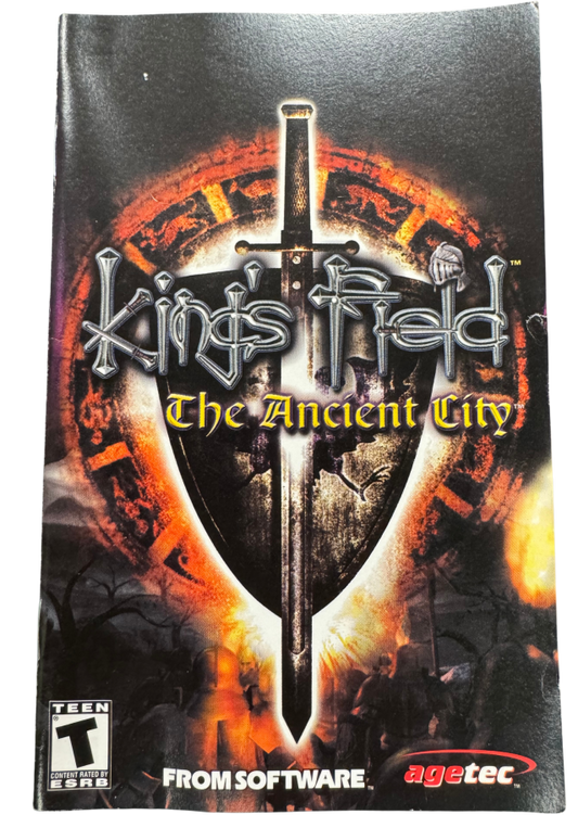 King's Field The Ancient City PlayStation 2 PS2 first-person role playing video game featuring dark fantasy dungeon exploration sword combat magic spells challenging monsters treasure hunting character development mysterious environments and classic PlayStation 2 PS2 gameplay collectible retro gaming appeal manual front