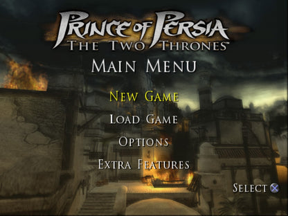 Prince of Persia The Two Thrones Greatest Hits PlayStation 2 PS2 video game, action adventure, platforming and combat, classic Sands of Time series title main menu title screen