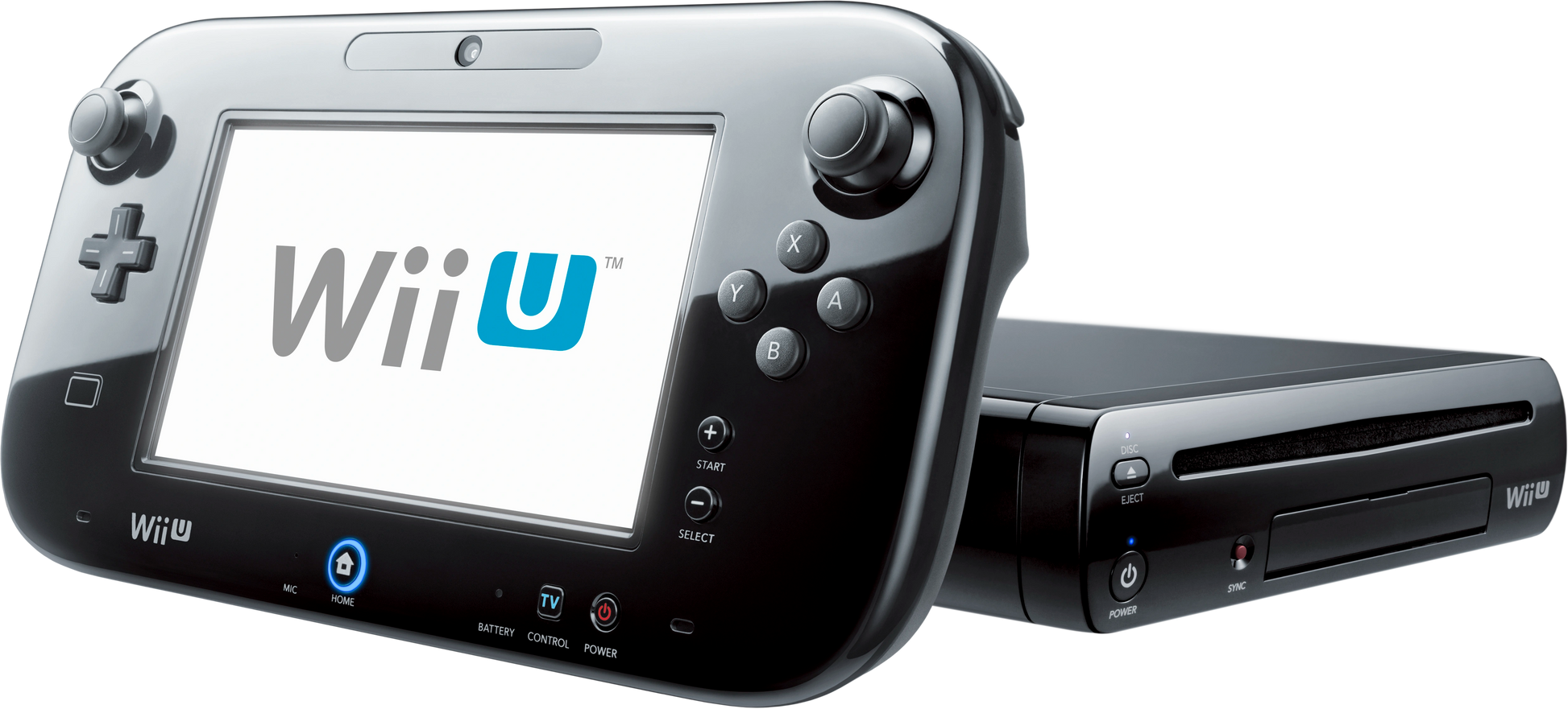 Black Nintendo Wii U console system with GamePad, designed for playing Wii U video games with gamepad turned on