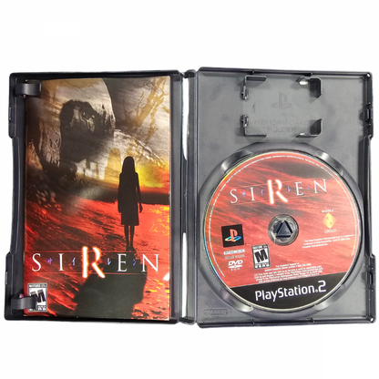 Siren PlayStation 2 PS2 survival horror video game featuring multiple playable characters mysterious Japanese village stealth gameplay supernatural enemies disturbing atmosphere exploration puzzle solving unique sightjack ability and classic PlayStation 2 PS2 gameplay collectible retro gaming appeal inside box