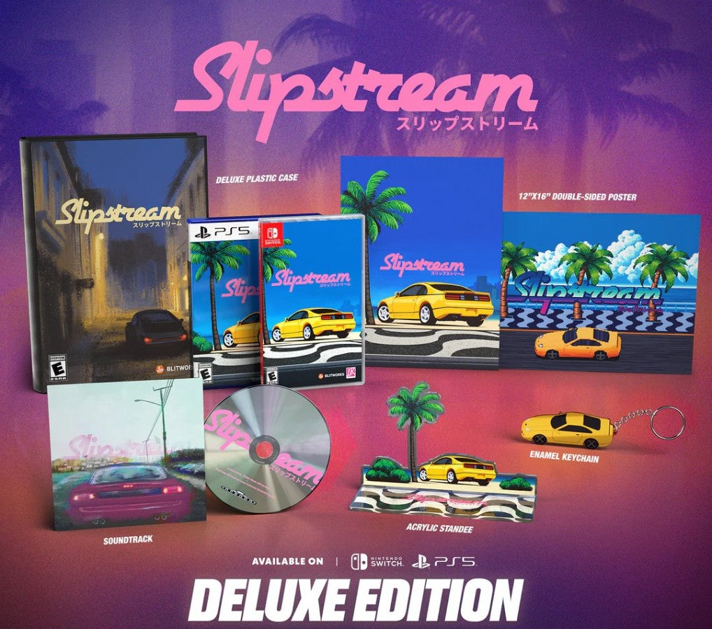 Slipstream Deluxe Edition Nintendo Switch arcade racing game OutRun style pseudo 3D sprite scaling drift mechanics branching paths multiplayer split screen synthwave soundtrack Deluxe case