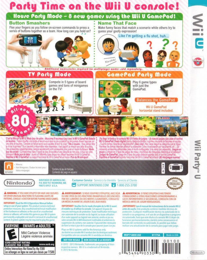 Wii Party U Nintendo Wii U Wii U for party and multiplayer video game fans featuring a variety of mini games GamePad focused gameplay motion controls competitive challenges cooperative activities board game modes and family friendly entertainment collectible gaming appeal back cover art