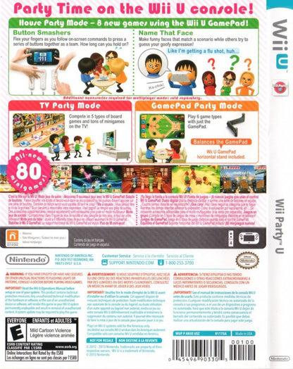 Wii Party U Nintendo Wii U Wii U for party and multiplayer video game fans featuring a variety of mini games GamePad focused gameplay motion controls competitive challenges cooperative activities board game modes and family friendly entertainment collectible gaming appeal back cover art