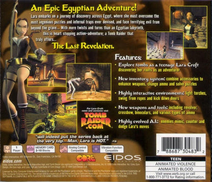 Tomb Raider The Last Revelation back cover art PlayStation 1 (PS1) video game, action adventure, exploration and puzzle solving, classic Lara Croft title 
