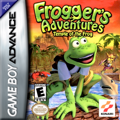 Frogger’s Adventures Temple of the Frog for Game Boy Advance (GBA), cover image for a retro video game featuring action-adventure platforming gameplay, puzzle-solving challenges, fantasy environments, and classic character-based exploration