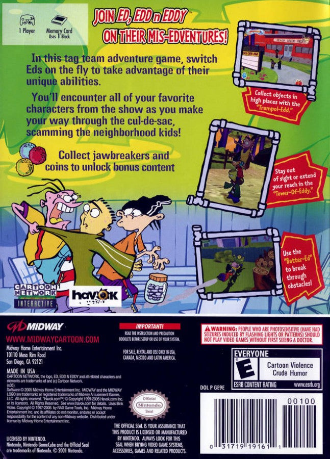 Ed Edd n Eddy The Mis Edventures for Nintendo GameCube action platformer video game featuring Cartoon Network characters slapstick humor cartoon inspired levels and classic animated series gameplay experience back cover