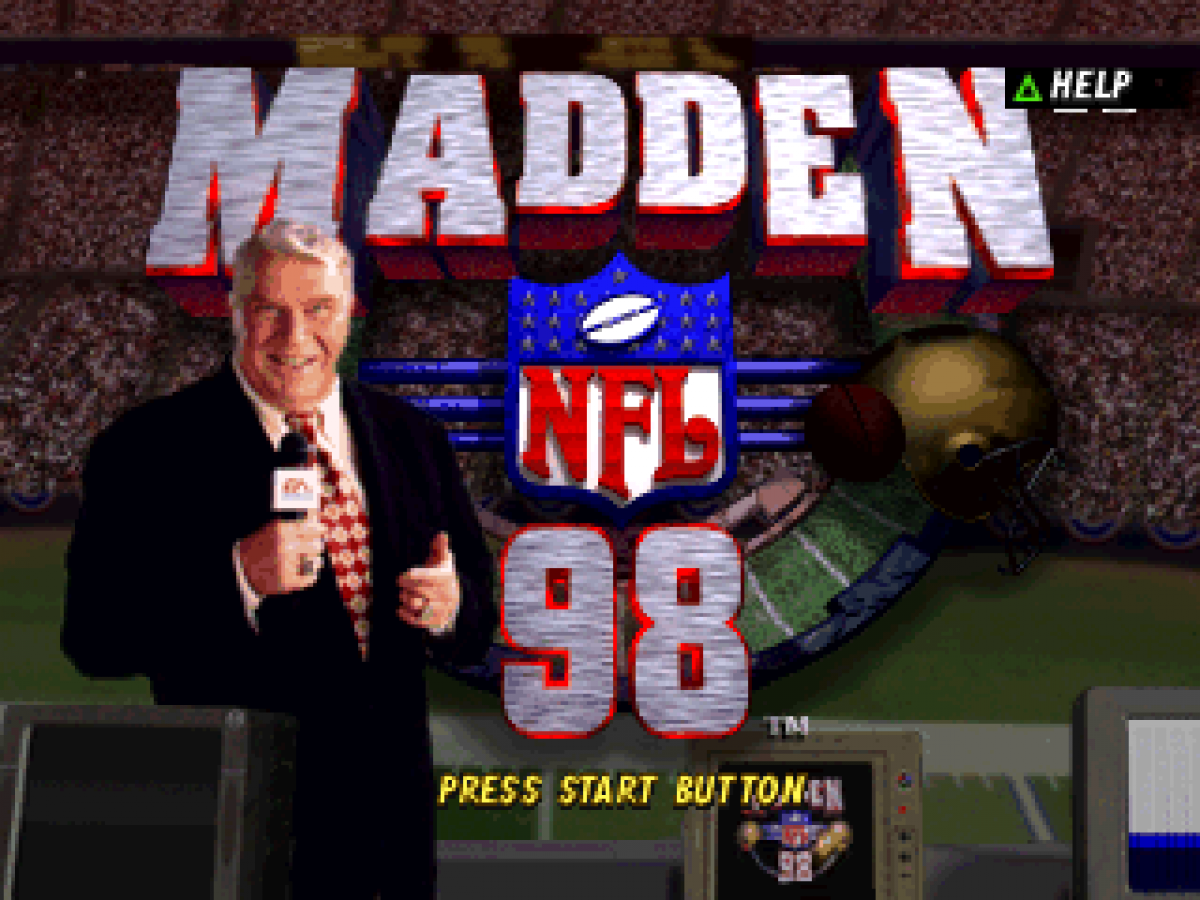 Madden NFL 98 PlayStation 1 PS1 video game, American football sports simulation, classic Madden gameplay, franchise and multiplayer modes, console title main menu title screen