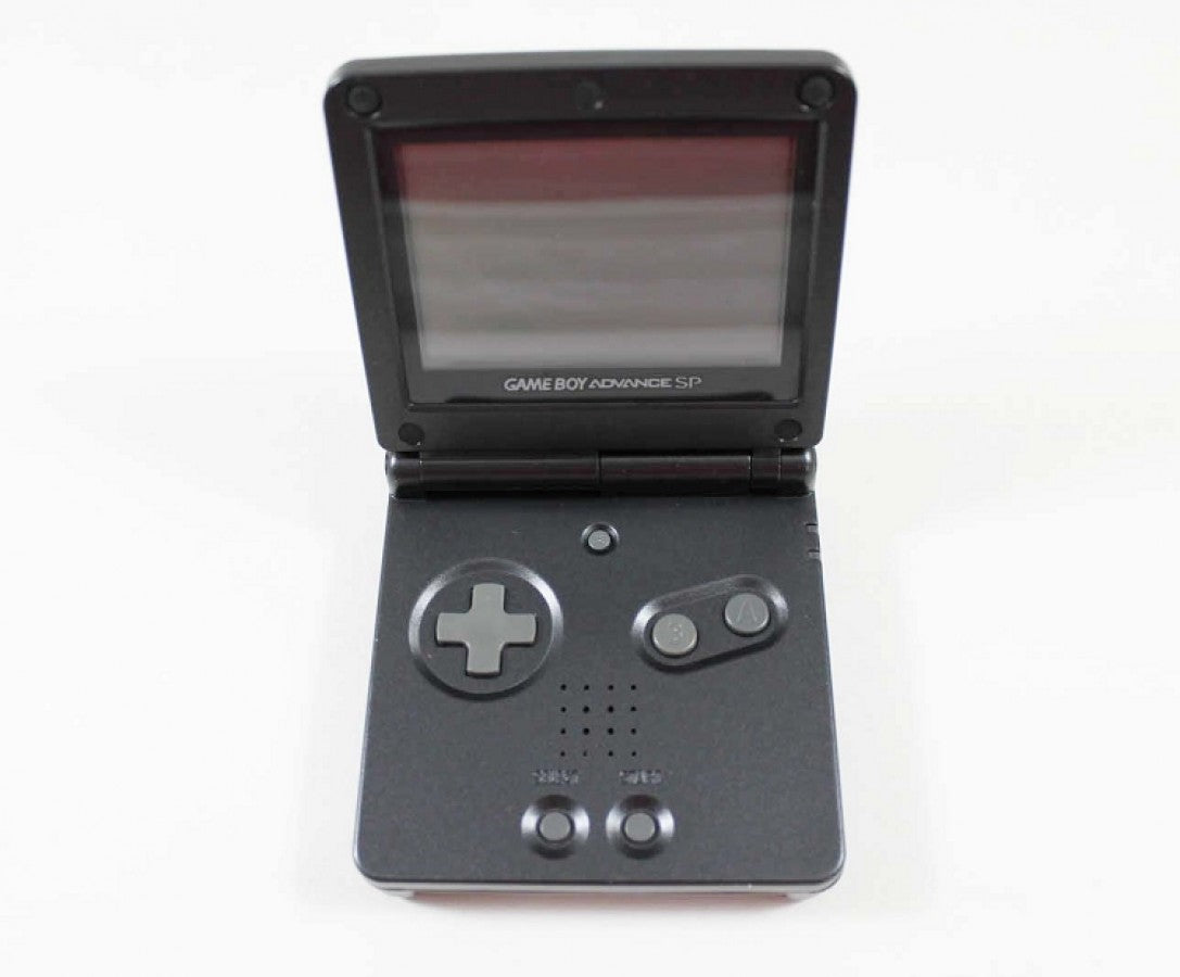 Black Game Boy Advance SP AGS-001 handheld console featuring foldable clamshell design frontlit screen rechargeable battery compact portable form factor backward compatibility with Game Boy and Game Boy Color cartridges and classic Nintendo handheld gaming system in sleek black finish 