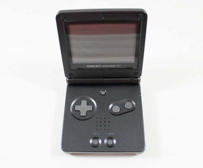 Black Game Boy Advance SP AGS-001 handheld console featuring foldable clamshell design frontlit screen rechargeable battery compact portable form factor backward compatibility with Game Boy and Game Boy Color cartridges and classic Nintendo handheld gaming system in sleek black finish 