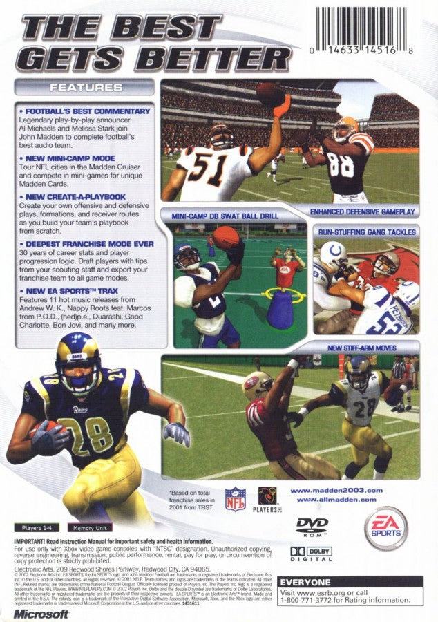 Madden NFL 2003 Xbox football game featuring official NFL teams and players Franchise Mode create a player mini camp training fast paced gameplay enhanced graphics commentary by John Madden and Al Michaels and classic early 2000s EA Sports gridiron action back cover