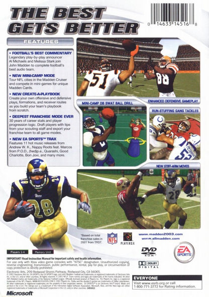 Madden NFL 2003 Xbox football game featuring official NFL teams and players Franchise Mode create a player mini camp training fast paced gameplay enhanced graphics commentary by John Madden and Al Michaels and classic early 2000s EA Sports gridiron action back cover