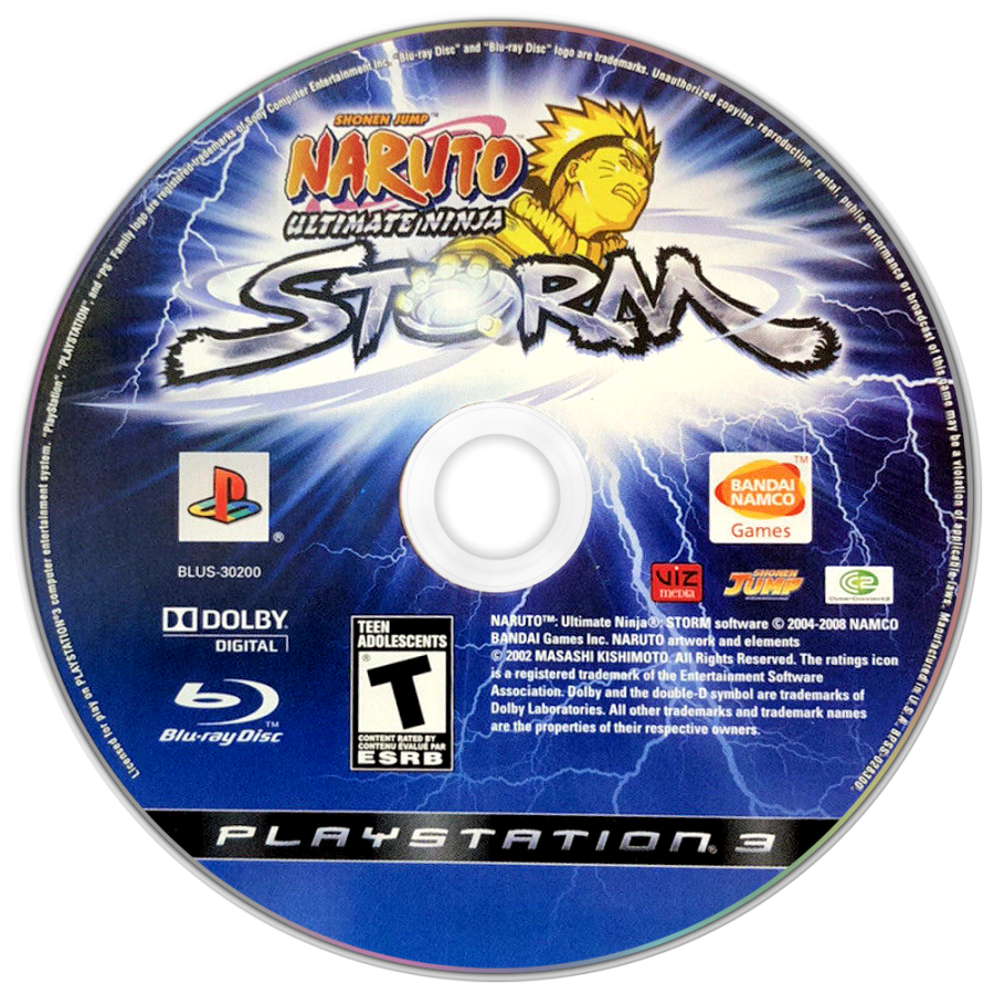 Naruto Ultimate Ninja Storm disc cover art for PlayStation 3 fighting video game. 
