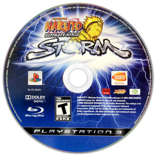 Naruto Ultimate Ninja Storm disc cover art for PlayStation 3 fighting video game. 