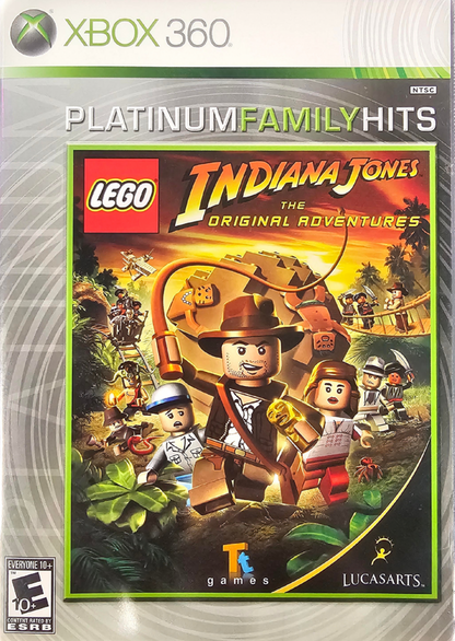 LEGO Indiana Jones The Original Adventures Platinum Family Hits Xbox 360 video game featuring action adventure gameplay based on Indiana Jones classic movie scenes LEGO characters exploration puzzle solving combat challenges collectible treasures and cooperative gameplay Xbox 360 retro video game collection collectible gaming appeal front cover art