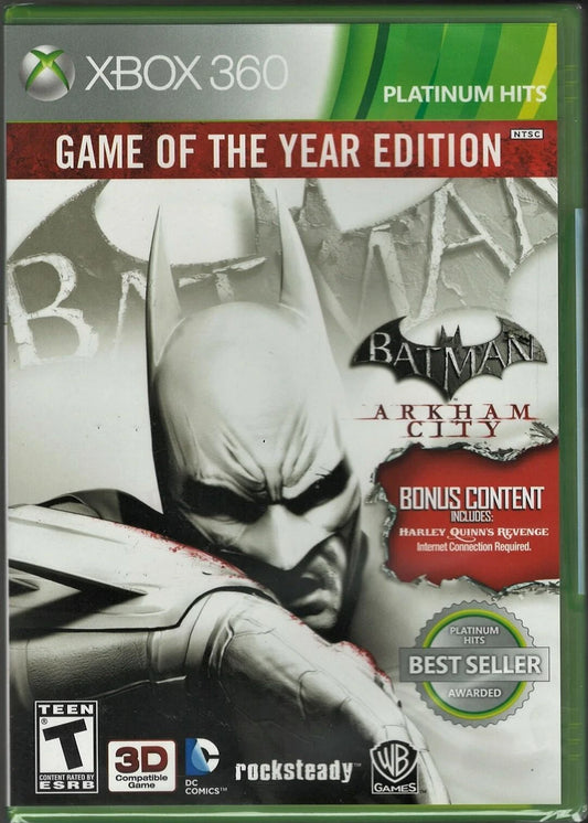 Batman: Arkham City – Game of the Year Edition Platinum Hits edition for Xbox 360 action adventure superhero game featuring Batman and Joker bonus DLC content rated T for Teen front cover