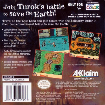 Turok 3: Shadow of Oblivion Nintendo Game Boy Color GBC for action platformer retro video game fans featuring dinosaur battles sci fi adventure side scrolling gameplay powerful weapons challenging enemies intense combat classic handheld gaming collectible gaming appeal back of case