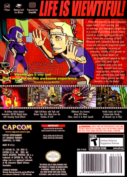 Viewtiful Joe back of case for Nintendo GameCube (GC) side-scrolling action beat 'em up video game