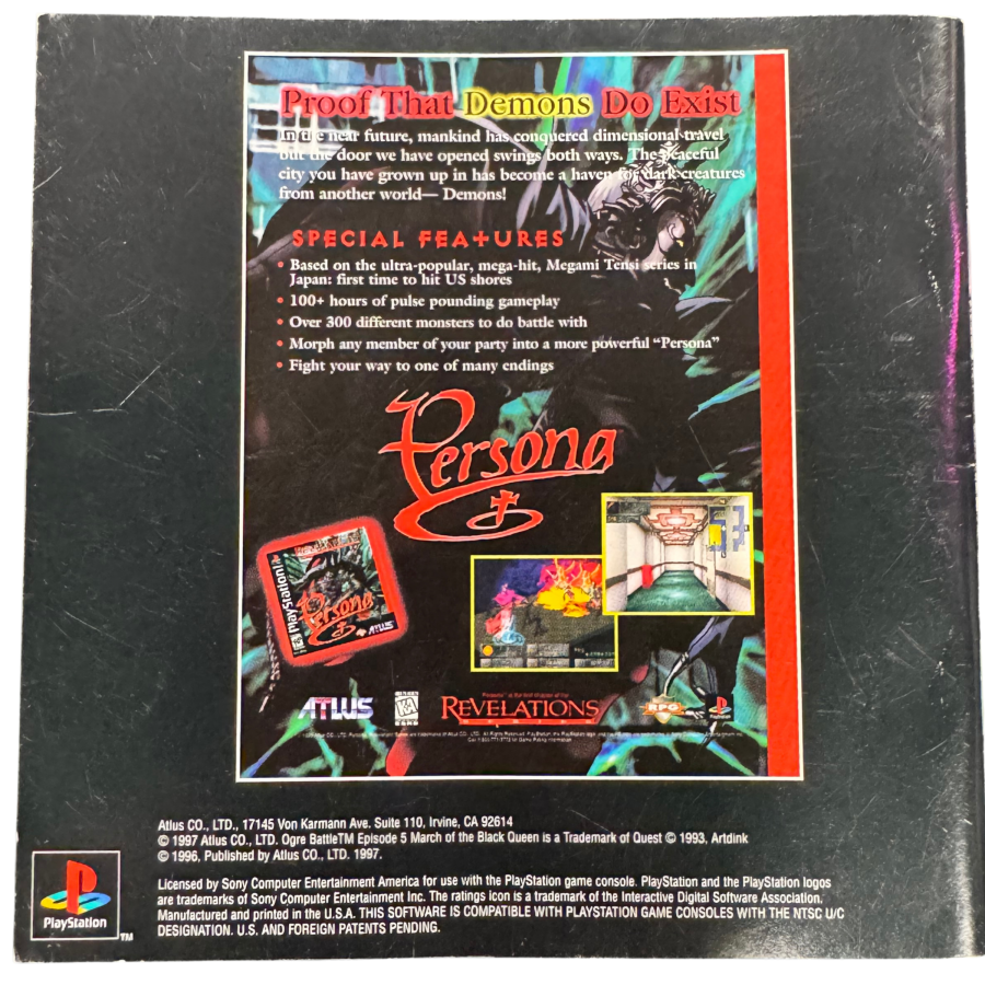 Ogre Battle PlayStation 1 PS1 strategy role playing video game featuring tactical battles real-time unit movement fantasy warfare character recruitment army management magical attacks kingdom liberation and classic PlayStation 1 PS1 gameplay collectible retro gaming appeal back manual