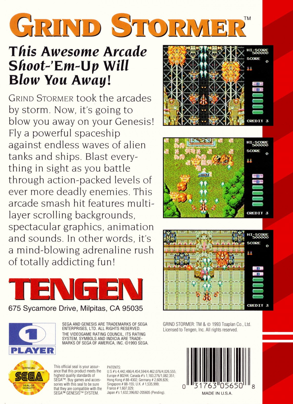 Grind Stormer Sega Genesis GEN video game featuring vertical scrolling shoot em up gameplay futuristic spaceship combat enemy waves power ups weapon upgrades challenging stages intense boss battles and classic 16 bit Sega arcade action retro video game collection collectible gaming appeal back cover art