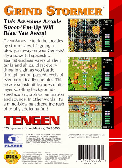 Grind Stormer Sega Genesis GEN video game featuring vertical scrolling shoot em up gameplay futuristic spaceship combat enemy waves power ups weapon upgrades challenging stages intense boss battles and classic 16 bit Sega arcade action retro video game collection collectible gaming appeal back cover art