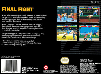 Final Fight Super Nintendo Entertainment System SNES side-scrolling beat em up arcade brawler video game featuring Mike Haggar Cody and Guy against the Mad Gear Gang with multiple stages and two-player cooperative action back cover