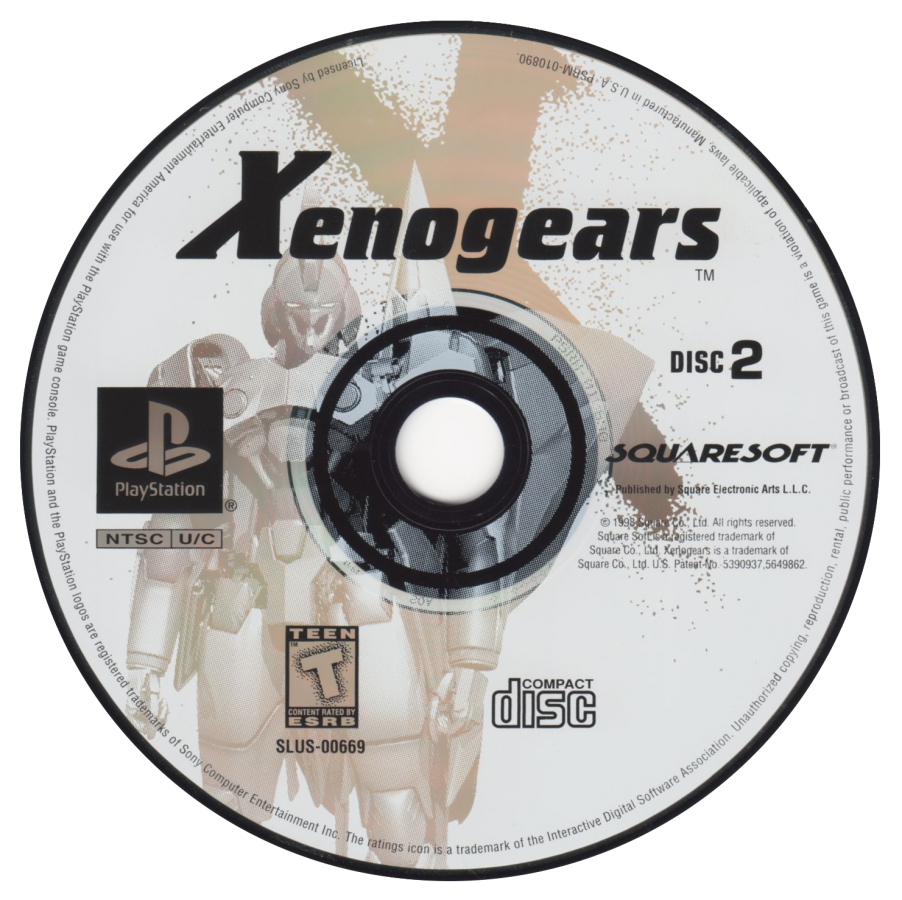 Xenogears for PlayStation 1 Japanese role playing game featuring turn based combat mech battles epic story anime inspired visuals and exploration gameplay disc 2