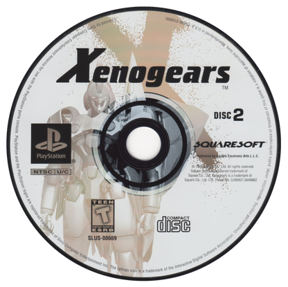 Xenogears for PlayStation 1 Japanese role playing game featuring turn based combat mech battles epic story anime inspired visuals and exploration gameplay disc 2