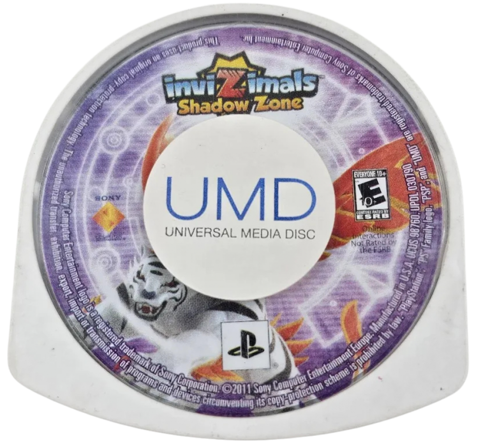 Invizimals Shadow Zone PlayStation Portable PSP disc for retro video game enthusiasts featuring augmented reality creature hunting gameplay monster collection and battles stealth exploration mechanics hidden world discovery systems and portable handheld interactive gaming experience and collectible gaming appeal