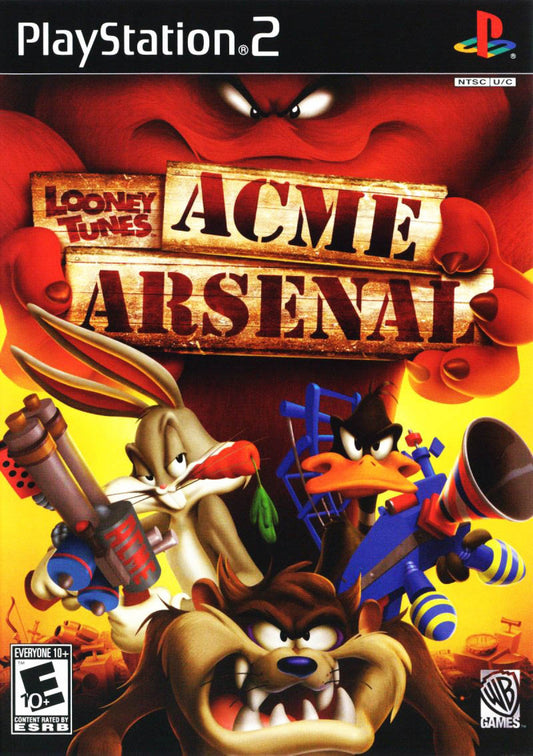 Looney Tunes: Acme Arsenal PS2 action-adventure game featuring classic Looney Tunes characters like Bugs Bunny, Daffy Duck, and Tweety in a cartoon combat adventure with zany weapons, level-based missions, boss fights, cooperative play, and family-friendly humor and slapstick action on PlayStation 2.  cover