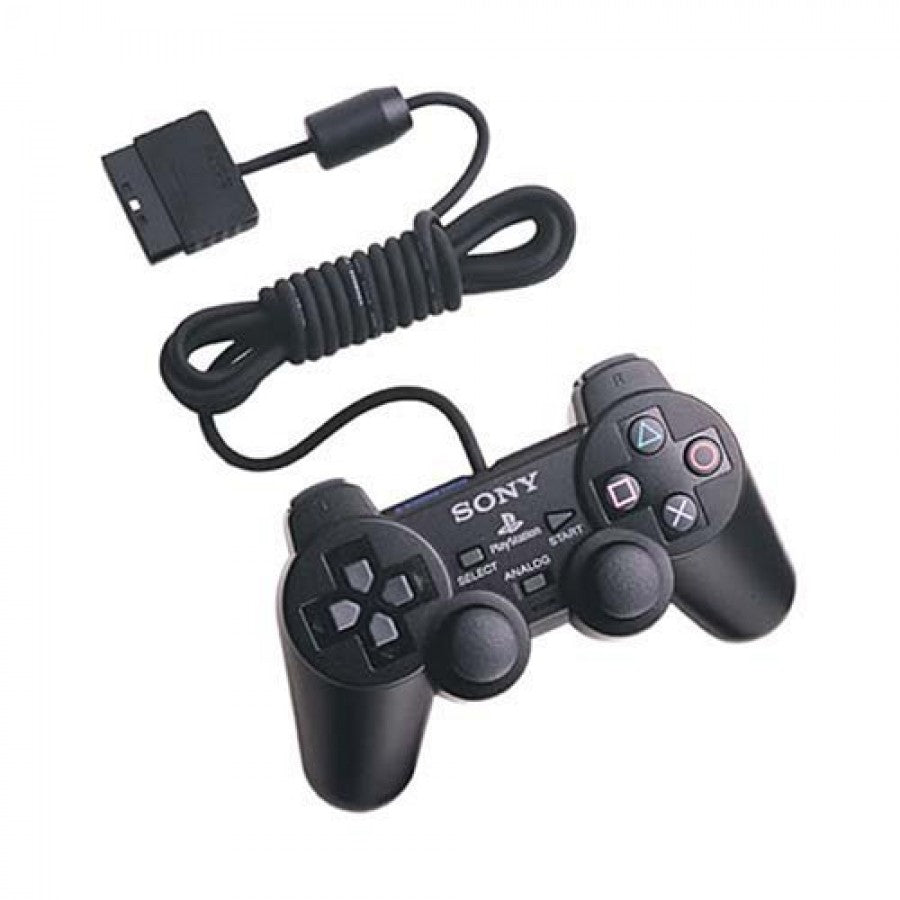 Official Sony DualShock 2 wired controller for PlayStation 2 featuring analog sticks, directional pad, four action buttons, and dual shoulder buttons