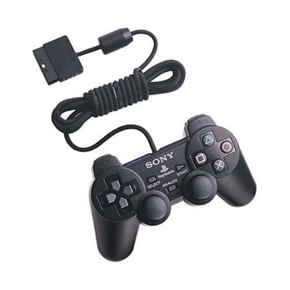 Official Sony DualShock 2 wired controller for PlayStation 2 featuring analog sticks, directional pad, four action buttons, and dual shoulder buttons