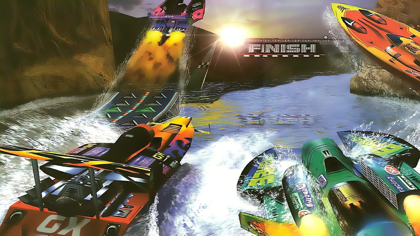 Hydro Thunder Sega Dreamcast DC for arcade racing video game fans featuring high speed boat racing powerful watercraft extreme jumps dangerous waterways massive waves shortcuts explosive crashes and fast paced Sega Dreamcast gameplay collectible retro gaming appeal gameplay
