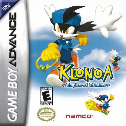 Klonoa Empire of Dreams Game Boy Advance GBA video game featuring action platforming gameplay Klonoa adventure colorful dream worlds enemy encounters puzzle solving wind bullet abilities collectible items and classic handheld Nintendo gameplay retro video game collection collectible gaming appeal cover art