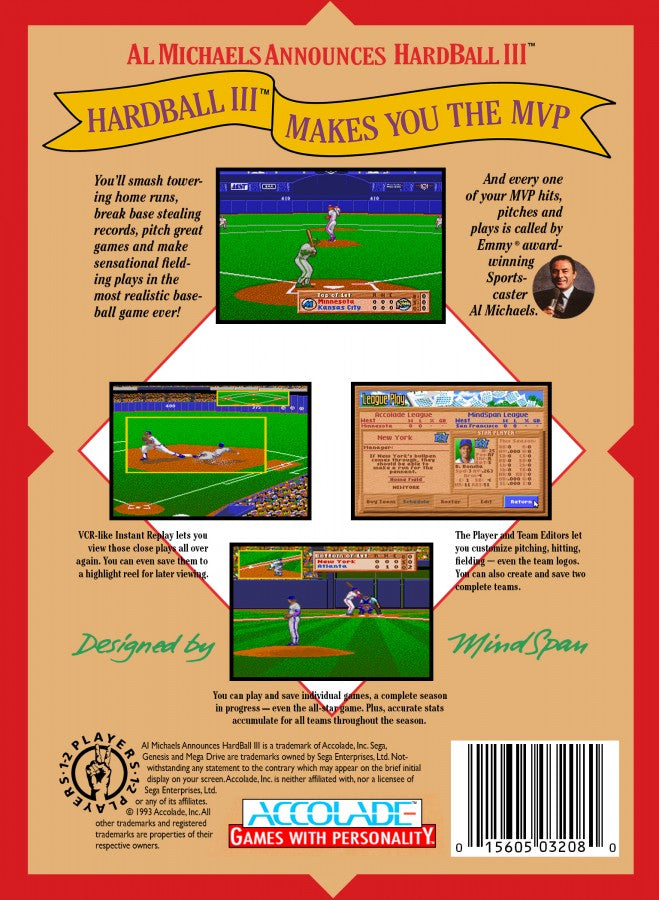 HardBall III back cover art for Sega Genesis (GEN) video game