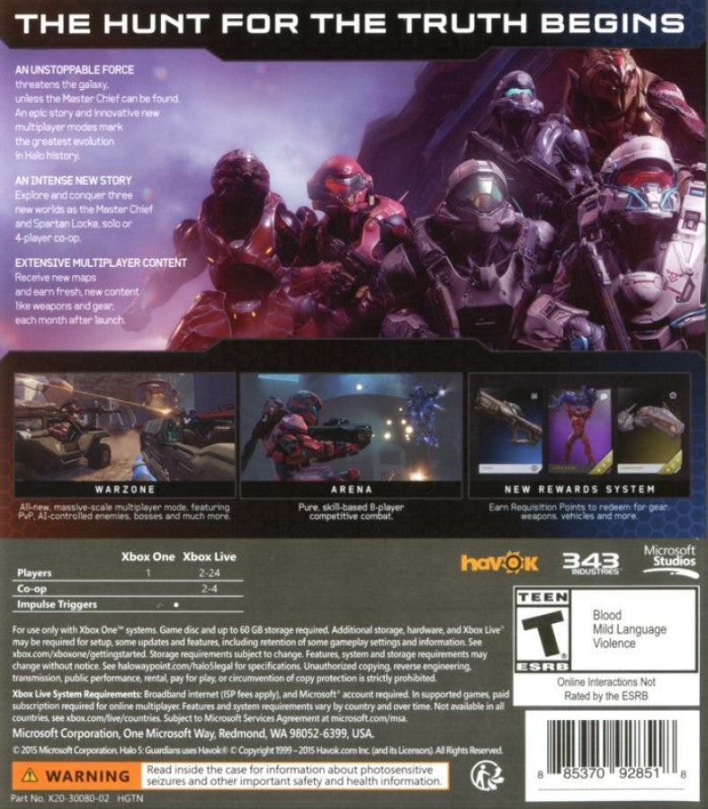 Halo 5: Guardians back of case for Xbox One (XONE) sci-fi first-person shooter video game